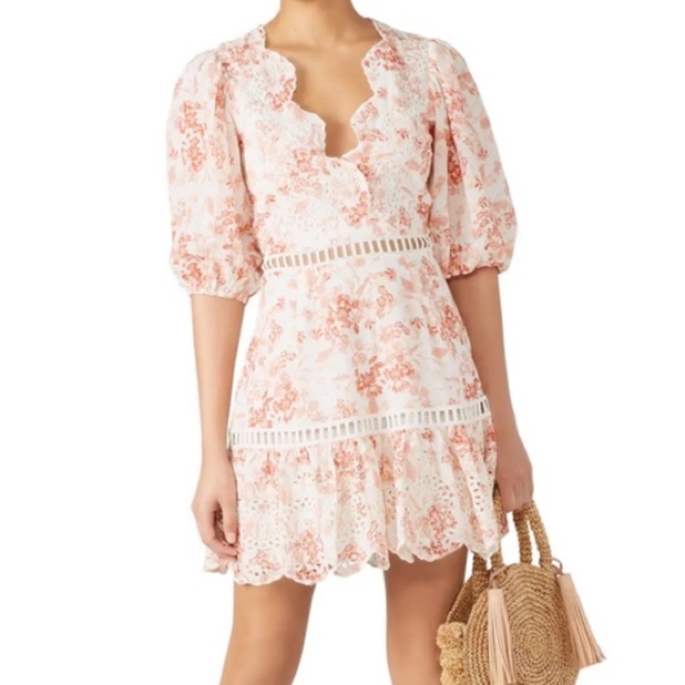 SAYLOR Taya Floral Lace Trim puff sleeve Dress Orange Cream 2241
